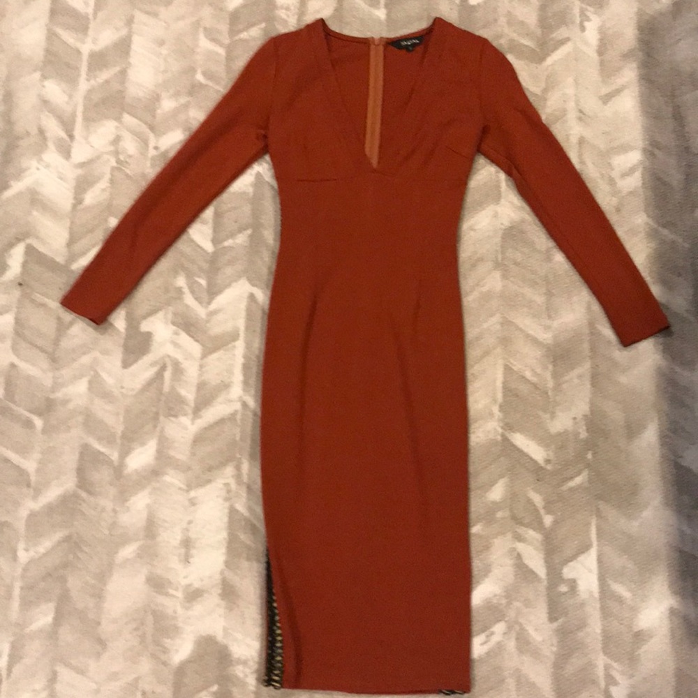 Rust deep V long sleeve midi dress